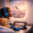 boy looking outside an airplane window with headphones on and a tablet